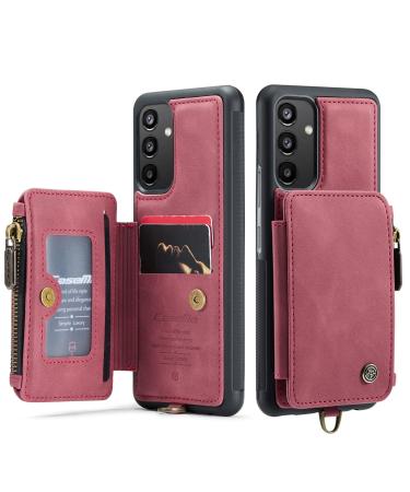 Soonic protective cover for Samsung Galaxy A34 5G leather magnetic wallet card compartment zipper folding cover with straps stands coin compartment protective cover (A34 red) A34 red