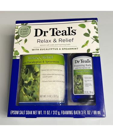 Dr. Teal's Relax & Relief Epsom Salt & Foaming Bath with Eucalyptus & Spearmint 2 Piece Travel Set 11oz. Bag of Bath Salts & 3oz Bottle of Foam Bath (Eucalyptus)