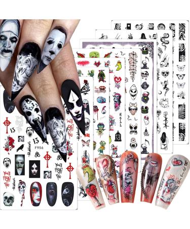 10 Sheets Halloween Nail Art Stickers Ghost Nail Stickers 3D Self-Adhesive Horror Skull Nail Decals Butterfly Snake Designs Halloween Nail Charm for Women Girls DIY Acrylic Nail Decorations