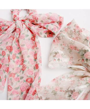 2PCS Floral Hair Scarf with Ribbon Bow for Women and Girls - Silk Long Tails Scrunchy Elastics Ponytail Holder - Buy Online on SooperMarket.com