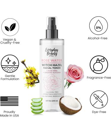 Rose Water Witch Hazel Facial Toner - Alcohol Free Hydrating Aloe Vera All Natural - 8 Fl Oz - Best for Radiant Skin - Buy Online on SooperMarket.com