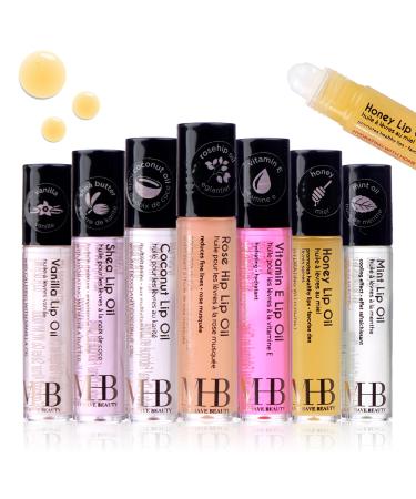 Expressions 7pc Lip Oil Collection - Nourishing High Shine Lip Glow with Essential Oils Hydrating Roll On Lip Oils Infused w/Essential Oils - Rollerball Lip Oils Vitamin Enriched Lip Oil Set