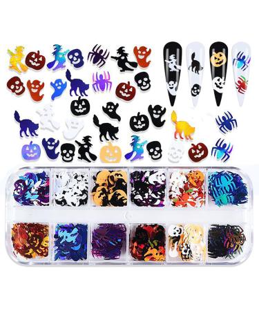 Halloween Nail Sequins 1 Box 12 Grids Ghost Witch Skeleton Spider Pumpkin Cat Nail Glitter Flakes Halloween Skull Nail Art Glitter Nail Accessories for Women Girls Nail Art Design Decoration