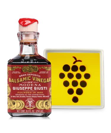 Bellina Gourmet Balsamic Gift Set - Bread Dipping Set with Giuseppe Giusti Balsamic Vinegar of Modena and Bread Dipping Dish with Grape Design Italian Cooking Gifts from Italy - 8.45 fl oz (250 ml)