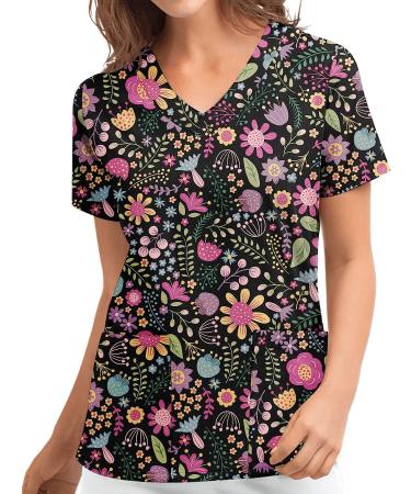TUNUSKAT Women's Flower Nurse Uniform Fashion Print Short Sleeve Scrub Top - Red | XL - Buy Online on SooperMarket.com