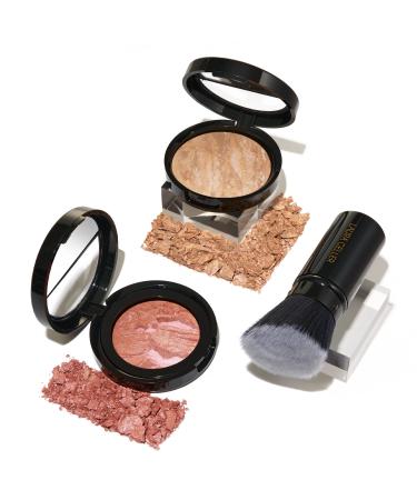 Blush-n-Glow Kit (3 PC): LAURA GELLER NEW YORK Baked Balance-N-Glow Illuminating CC Powder Foundation Light  Retractable Kabuki Brush  Baked Blush-N-Brighten Pink Grapefruit 03 Light + Pink Grapefruit
