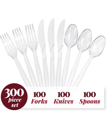 300 ct Disposable Plastic Silverware Set | Clear Cutlery Utensils | 100 Forks, 100 Spoons, 100 Knives | Heavy Duty Bulk Flatware - Ideal for Parties & Events - Buy Online on SooperMarket.com