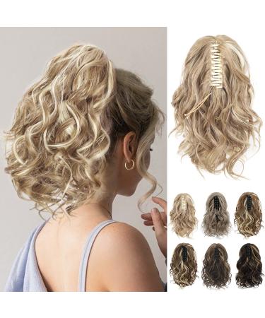 REECHO Ponytail Extension Claw Clip in Ponytail Hair Extensions 10 Inch Short Curly Ponytail Natural Wavy Synthetic Hairpiece for Women Medium Blonde with Highlights 10 Inch Medium Blonde with Highlights