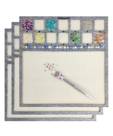 hobbyworker The Bead Mat 3 Pcs Set(M) Soft Perfect Stable,Surface Flocking with Centimeter Scale and Stainless Steel Handy Tweezers with Scoop for Jewelry Making Beading Supplies