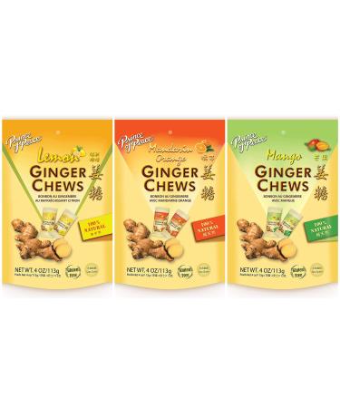 Prince of Peace Ginger Chews 3 Flavor Variety Pack 4oz - Flavors Lemon, Mango, Mandarin Orange, 100% Natural, non-GMO, Vegan and Gluten-Free