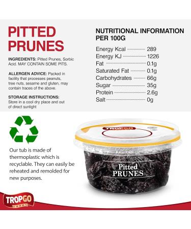 Tropgo Pitted Prunes 220g - Dried Fruit in Resealable and Recyclable Tub - Quick Energy Boost & Wholesome Trail Mix - Ready-to-Eat Dehydrated Fruit Snacks for Kids and Adults - Buy Online on SooperMarket.com