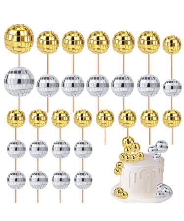 30pcs Disco Ball Cupcake Toppers Mini Disco Ball Picks Retro Cake Decorations with Stick 70s Disco Theme Party Supplies for Dessert Birthday Decor Ornament (Silver Gold)