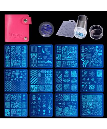 Biutee Nail Stamping Plates Set 12pcs Nail Plates 1stamper 1scraper 1storage bag Nail plate Template Image Plate Stencil Nails Tool (C) 14 Piece Set