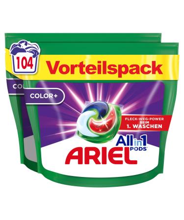 Ariel detergent pods all-in-1 color+ liquid detergent 104 (2x52) wash loads powerful stain removal in just 1 wash cycle old