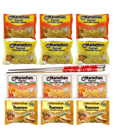 Ja Cor Instant Ramen Noodles Soup Variety Pack (3) Chicken (3) Creamy Chicken (3) Roast Chicken (3) Picante Chicken Flavor 3 oz Bundle with 1-Set Reusable Stainless Steel Chopsticks(Pack of 12)