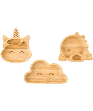 bamboo bamboo Baby Plate Kids and Toddler Bamboo Plate for Babies | Non-Toxic | Cool to The Touch | Ideal for Baby-Led Weaning (Trio of Unicorn Cloud Dino Plates)