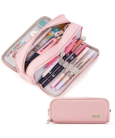 CICIMELON Large Capacity Pencil Case 3 Compartment Pouch Pen Bag for School Teen Girl Boy Men Women (Pink)