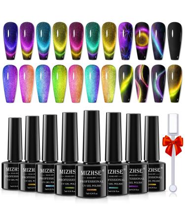 MIZHSE 8 Colors 9D Cat Eye Gel Nail Polish Upgraded Magnetic Gel Polish Kit with Magnet Stick Galaxy Chameleon Effect Silky Cat Eye Nail Gel Soak Off Nail Art Salon Manicure Home Ladies Gift A - Silky Cat Eye Gel