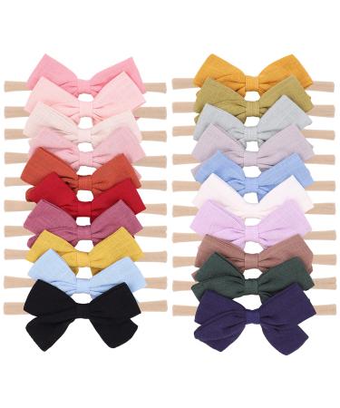 jollybows 20pcs Baby Girls Nylon Hair Bows Headbands Linen Hair Bands Elastic Hair Accessories for Kids Infants Newborn