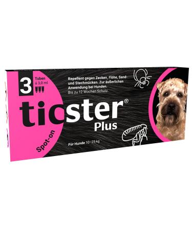 Ticster Plus Spot-on for dogs from 10- 25 kg flea and tick content: 3x 3.0 ml protection duration: up to 12 weeks (solution to step up also against sand and mosquitoes insect protection for dogs) 3 tubes 3 0 ml dogs from 10 - 25 kg