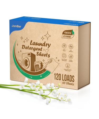 JamBer Laundry Detergent Sheets 60 Sheets 120 Loads Washer Soap Strips Plant Based Liquidless Formula Zero Waste for Home Dorm Travel Camping & Hand Washing Clean No Waste Fresh Scent