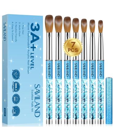 Saviland Koinsky Acrylic Nail Brush Set: 7 PCS Professional Acrylic Nail Brushes for Acrylic Application Blue Glitter Acrylic Powder Brushes for Nails Extension & 3D Carving Size 4/6/8/10/12/14/16