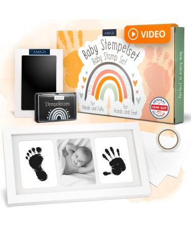 Amari Baby Handprint and Footprint Set including 2 stamp cushions and 4 printing cards - ideal baby gift for birth - hand and foot print with picture frame - baby party footprint gift