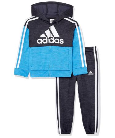 adidas Boys' Long Sleeve Color Block Mlange Fleece Jacket Set, Black Heather with Blue, 4T