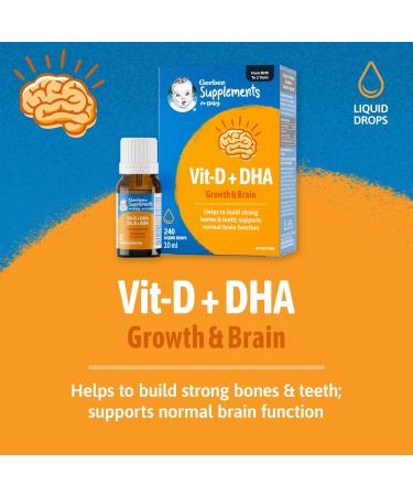 Gerber Supplements for Baby Vitamin D and DHA Drops 0-2 Years Supports Strong Bones Teeth & Normal Brain Function No Colours No Flavours No Sweeteners Gluten-Free Vegetarian - Buy Online on SooperMarket.com