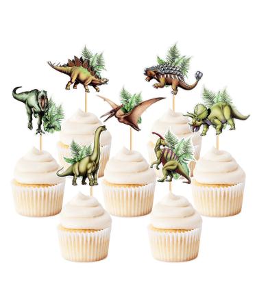Cyodoos 28 PCS Dinosaur Cupcake Toppers Baby Dinosaur Cupcake Picks Dinosaur Theme Baby Shower Children's Birthday Party Cake Decorative Supplies Dinosaur Party Happy Birthday Party Decorative Green 1