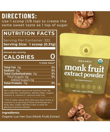 Organic Monk Fruit Extract 3.5 oz - Pure USDA Organic Sweetener with Zero Calories & Carbs - 322 Servings by NatriSweet - Buy Online on SooperMarket.com
