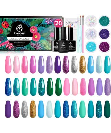 Beetles Mermaid Mantra 20-Color Gel Nail Polish Set with Glitter Soak-Off Shades - Includes Gel Base, Top Coat, Nail Brushes, and Mermaid Stickers - Buy Online on SooperMarket.com