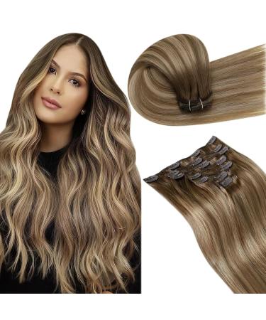 Laavoo clip in Extensions real hair brown balayage hair real hair extensions clips double brawls hair extension real hair clip light brown ombre golden blonde #8/16/8 7pcs 105g 50cm-105g 1.5 #8/16/8