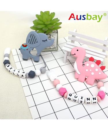 Personalized Stegosaurus Grey Teether Stroller Clip with Name | Custom Baby Toy Holder - Buy Online on SooperMarket.com