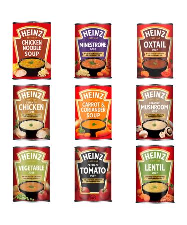 Heinz Soup Bundle - Contains 9 Different Soups Chicken Lentil Minestrone Tomato Oxtail Vegetable Mushroom Chicken Noodle Soup and Carrot and Corriander. (400g)