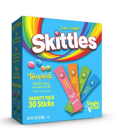 Skittles Singles To Go Tropical Flavors Variety Pack Powdered Drink Mix Includes 4 Flavors Strawberry Starfruit Mango Tangelo Kiwi Lime Pineapple Passionfruit 1 Box (30 Single Servings) 30 Count (Pack of 1)