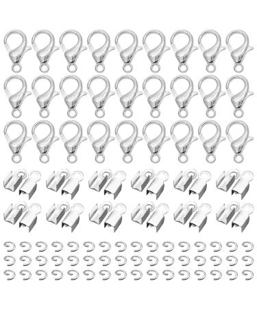 500Pcs Fold Over Cord Ends Kit for Jewelry Making Jewelry Making Accessories Set Includes 100Pcs Lobster Claw Clasps 200Pcs Jump Ring 200Pcs Cord Clamp Ends Crimp for Leather Ribbon Silver