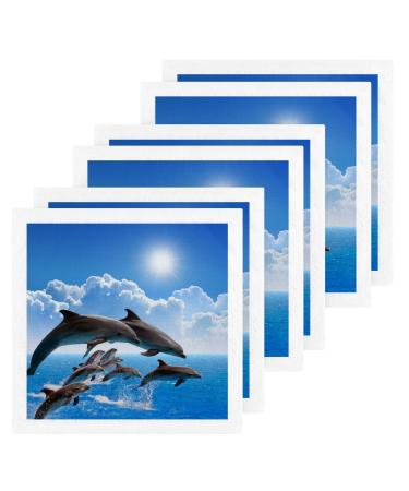 Kigai 6 Pack Jumping Dolphins Blue Ocean Washcloths Soft Face Towels Gym Towels Hotel and Spa Quality Reusable Pure Cotton Fingertip Towels