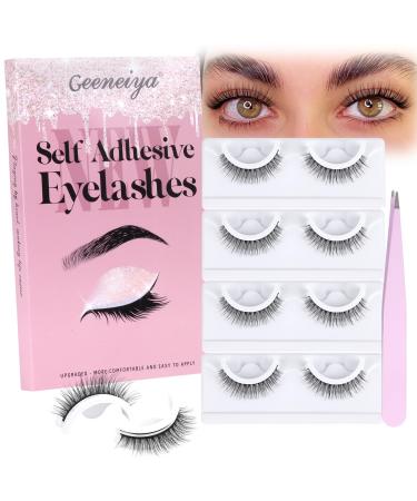 Wispy Self Adhesive Eyelashes Reusable Self Adhesive Lashes Natural Look Press on False Lashes Short Eye Lashes Pack 3Pairs with Lash Tweezers for Easy Application by Geeneiya