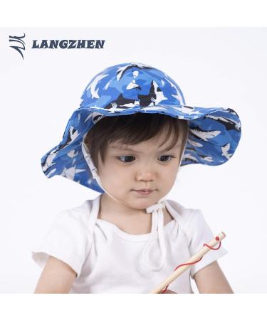LANGZHEN Beach Sun Protection Hat for Baby Girls - Adjustable Toddler Kids Hat with Wide Brim & Chin Strap, Black Shark-Blue, 1-2 Years - Buy Online on SooperMarket.com
