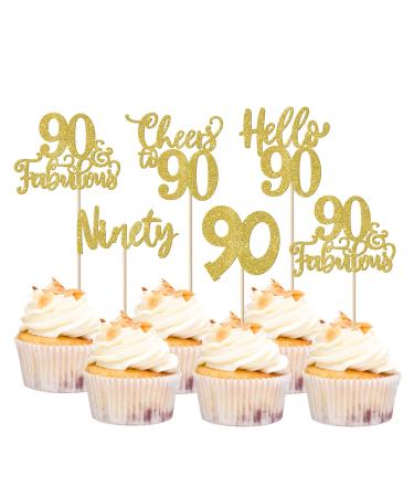 Rsstarxi 30 Pack 90th Birthday Cupcake Toppers Glitter Ninety Cheers to 90 Birthday Hello 90 Fabulous Cupcake Picks Decorations for Happy 90th Birthday Wedding Anniversary Party Cake Decors Gold Gold 90th