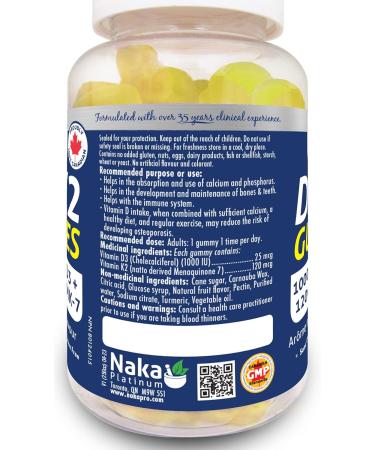 Naka Platinum D3+K2 Vitamin Gummy 1000IU Vitamin D3 + 120mcg Vit K2 as MK-7 Natural tropical fruit flavour Made in Canada (60 gummies) - Buy Online on SooperMarket.com