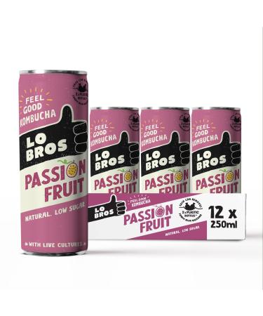 Lo Bros Kombucha - Passion Fruit - Sparkling Kombucha Low Calorie - Vegan Gluten Free Low Sugar Live Cultures (250ml x 12 Cans)