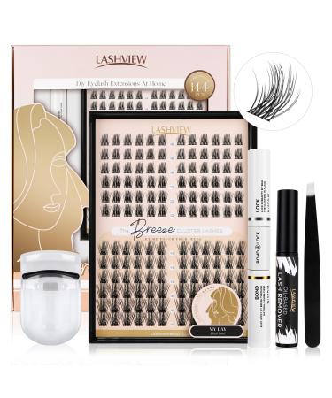 Lashview DIY LASH Extension Kit 144 PCs Lash Cluster with Lash Bond and Seal Mascara Brush Cluster Lash Glue Remover Lash Applicator and Travel Eyelash Curler for Diy Eyelashes 705H144-Kit