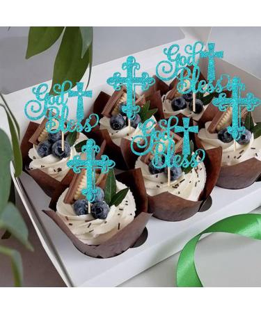 Rsstarxi 24 Pack God Bless and Baptism Cupcake Toppers Glitter Cross God Bless Cupcake Picks Decorations for Babyshower Christian First Communion Baptism Party Cake Decorations Blue - Buy Online on SooperMarket.com