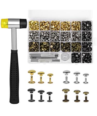 TLKKUE 360 Sets Leather Rivets 4 Colors Double Cap Rivets Tubular 3 Sizes with Rubber Hammer Fixing Tool Kit 4 Pieces for DIY Leather Craft Clothes Shoes Decoration and Repair