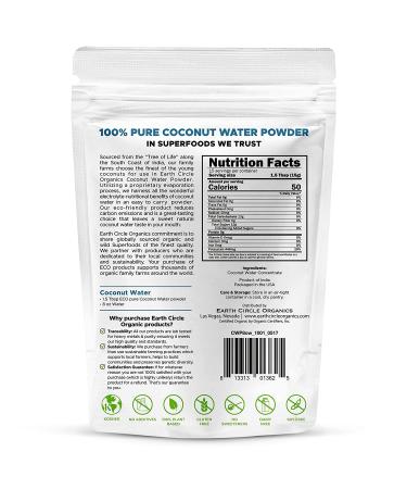 Earth Circle Organics Pure Young Dried Coconut Water Powder - 8oz | Unsweetened Electrolyte Supplement - Natural Keto Water Enhancer | Vegan & Gluten Free - Buy Online on SooperMarket.com