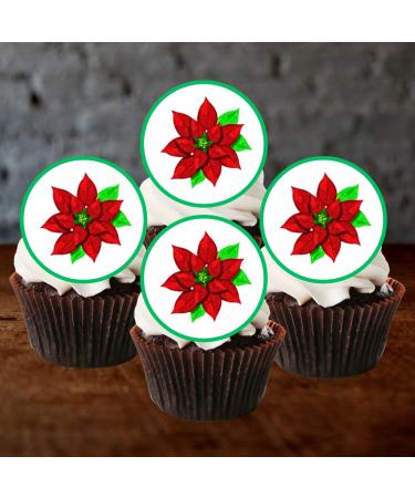PRECUT Christmas Poinsettia Cupcake Toppers Christmas Edible Poinsettia Cake Decorations Christmas Cake Topper Xmas Cupcake Decoration Poinsettia Cake Decorations (12)