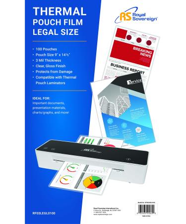 Royal Sovereign Thermal Laminating Pouches, 3 Mil, Legal Size 14.25" x 8.75 x 0.7" Inches, Clear Gloss, 100 Pouches (RF03LEGL0100), for Kids-modelUY252