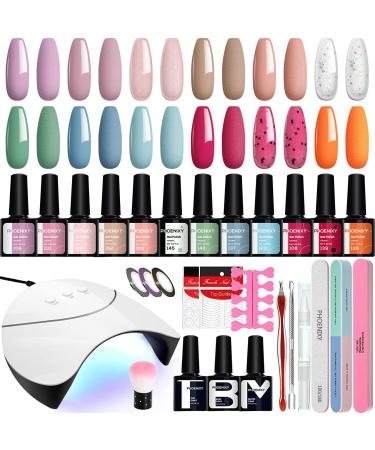 Gel Nail Polish Starter Kit Phoenixy 12 Colours Soak Off Gel Nail Polish Set with Nail Lamp 8ml Gel Nail Kit Gift Set for Women 12 light coral and light blue series